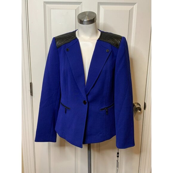 Tahari Arthur S. Levine Ronald Blue Black Faux Leather Trim Jacket, Size 8 - Picture 2 of 11